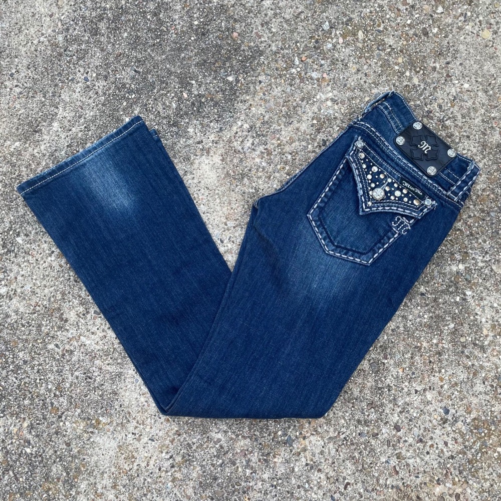 Miss Me Women's Bootcut Jeans Dark Wash Rhinestone Studded Pockets Size 28 Y2K